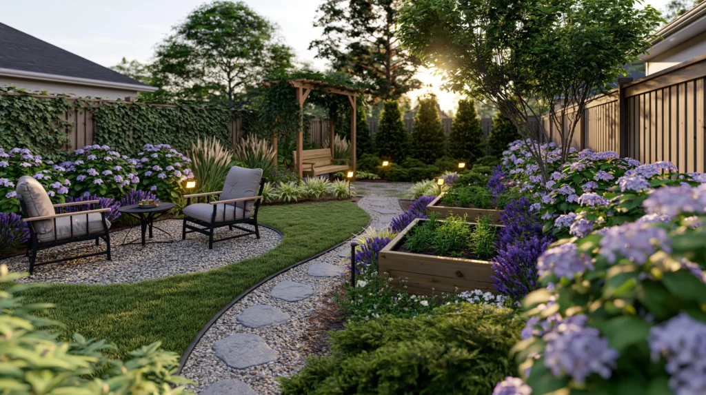 Spacious backyard garden at dusk with purple hydrangeas, raised planter beds, stone pathway, wooden pergola, and seating area with chairs on gravel