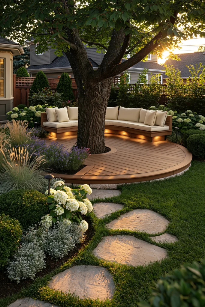Curved wooden deck with built-in bench seating surrounding large tree, illuminated by ground lights, bordered by white hydrangeas, lavender, and ornamental grasses with stepping stones leading through lawn