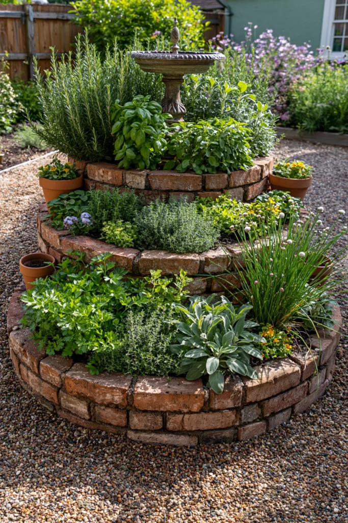 Tiered brick herb garden with rosemary, basil, and sage plants surrounding a stone birdbath, set on gravel with purple flowers and fence in background
