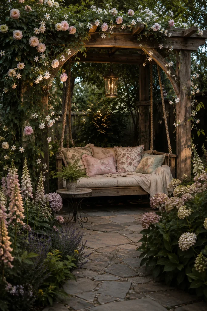Wooden garden arbor draped with pink roses and white flowers, framing a cozy daybed with cushions surrounded by blooming lavender and climbing vines