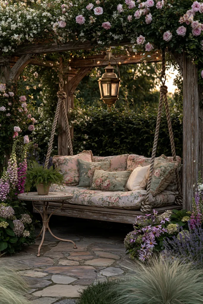 Rustic wooden pergola draped with pink roses and white flowers, featuring a rope-hung daybed with floral cushions, hanging lantern, and surrounded by purple flowers and ornamental grasses