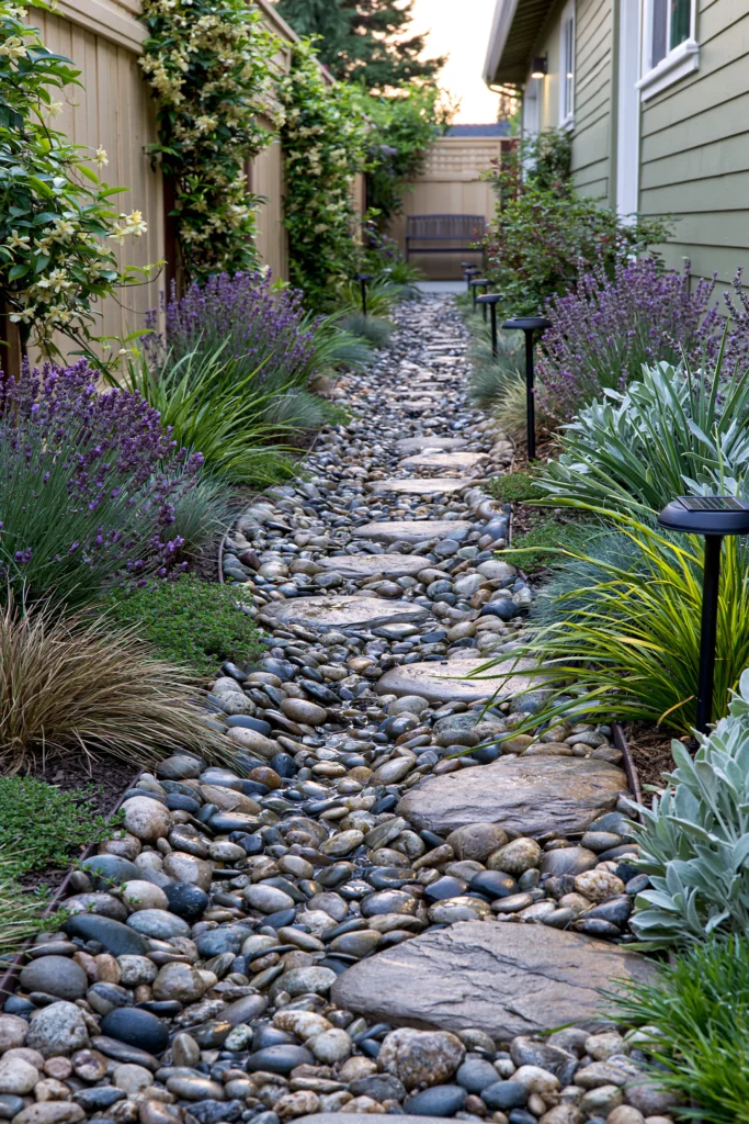 Narrow side yard pathway with river rocks, purple lavender plants, and ornamental grasses flanked by ivy-covered walls and modern houses