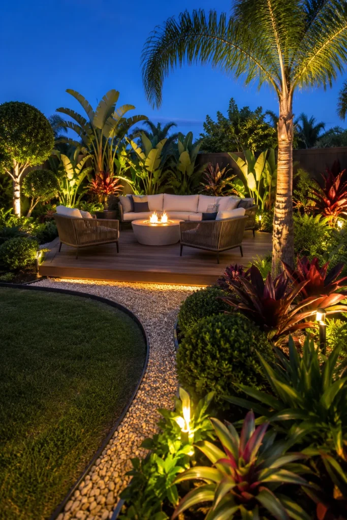 Twilight tropical backyard with illuminated palms, banana plants, and colorful bromeliads surrounding a curved seating area with fire pit and modern lounge chairs