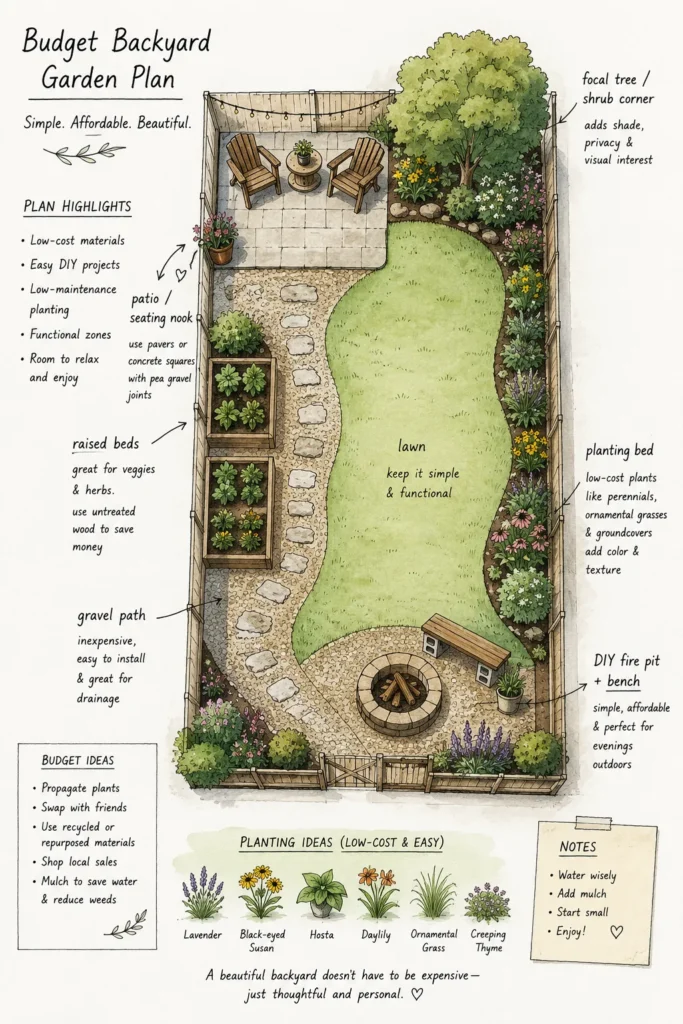 Overhead view of a budget backyard garden plan with patio seating, raised beds, gravel path, lawn, fire pit, and planting zones labeled with cost-saving design notes