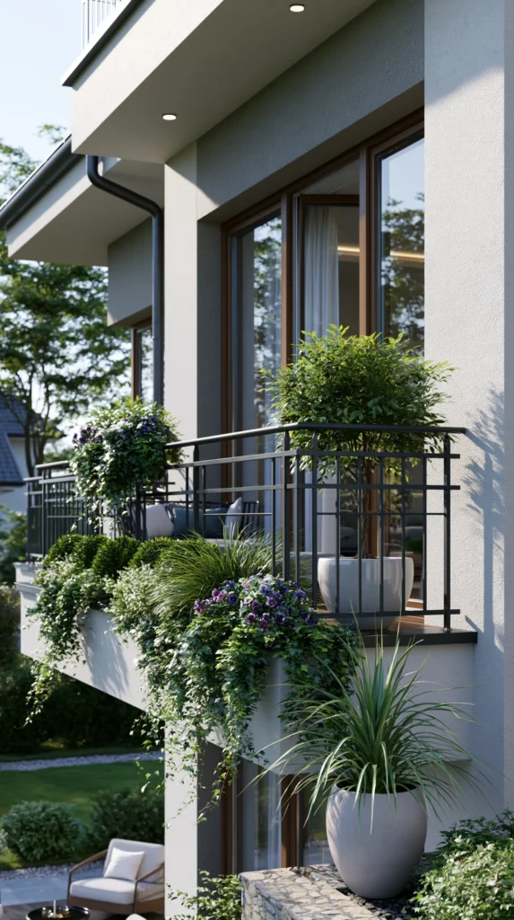 Modern white balcony with metal railing decorated with cascading ivy, green potted plants, and purple flowers in white containers