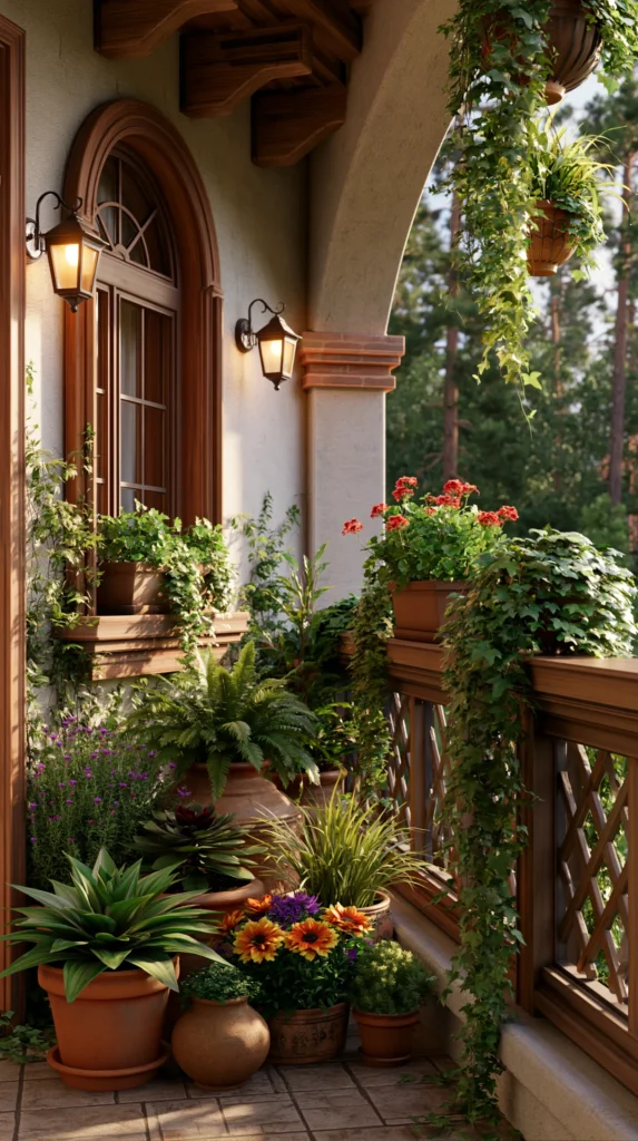 Lush balcony garden with terra cotta pots of red flowers, succulents, and trailing ivy beside a wooden arched door with lantern sconces