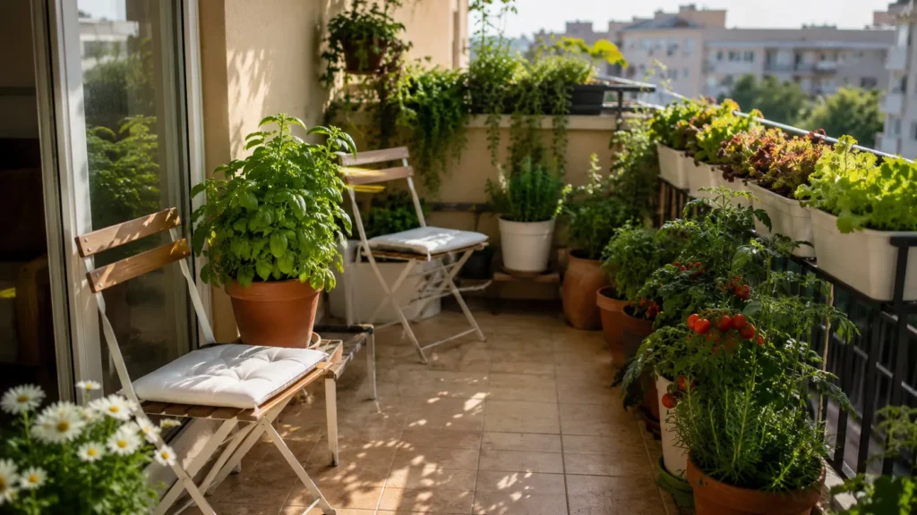 Sunny balcony garden with wooden chairs, terracotta pots of tomatoes and herbs, white flowers, and city view in background