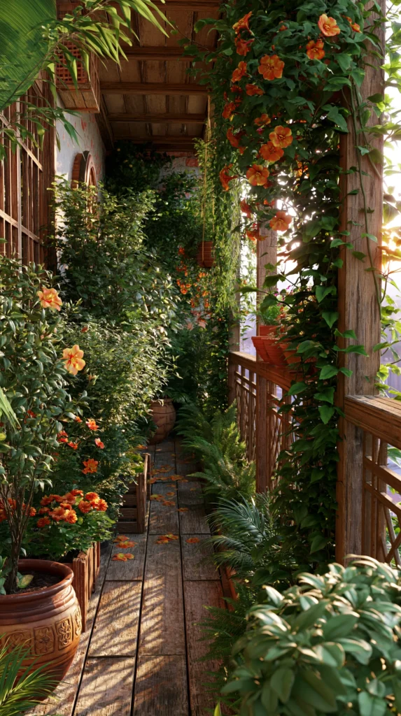 Narrow wooden balcony lined with climbing vines and bright orange flowers cascading down wooden trellises, terracotta pots visible along the edges