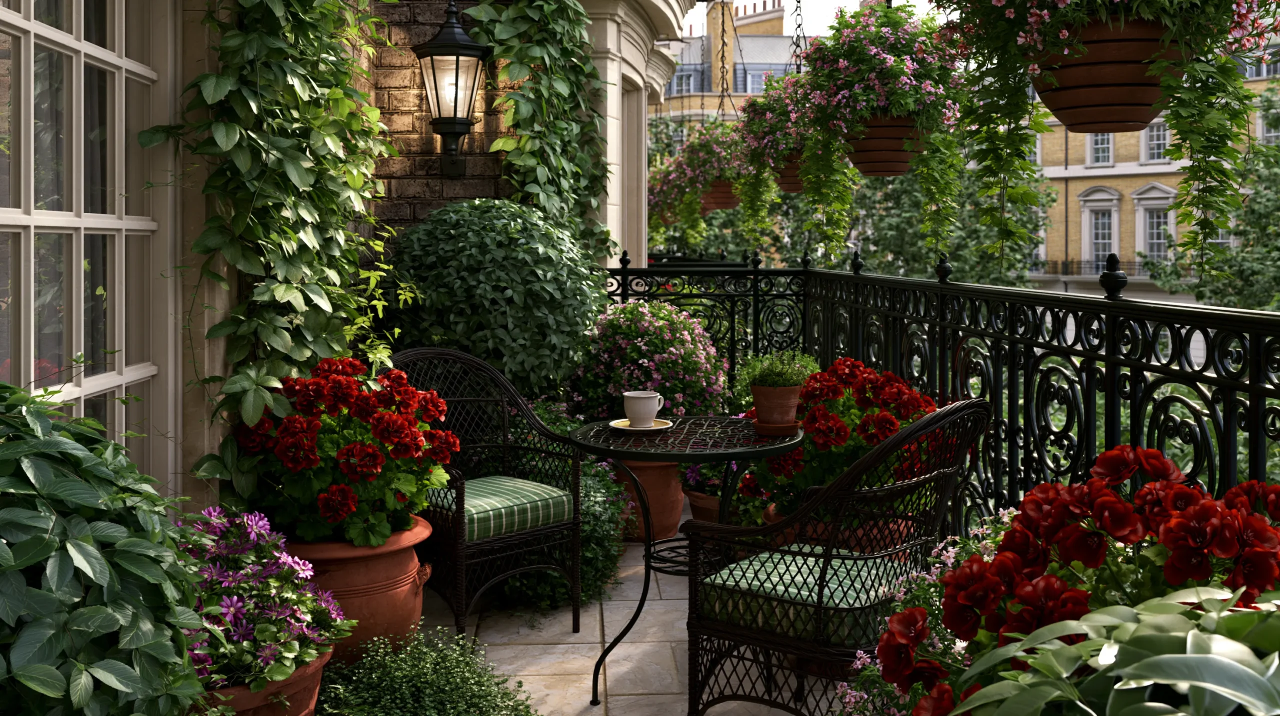 Elegant Paris-style balcony with black iron furniture surrounded by lush climbing vines, red geraniums in terracotta pots, and purple flowers overlooking historic buildings