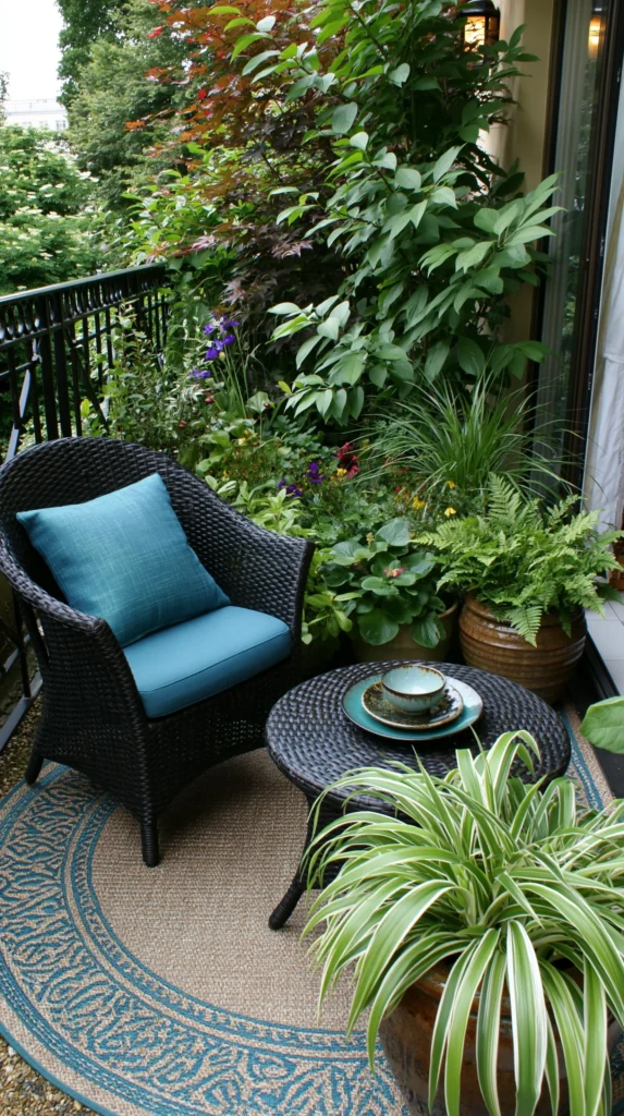 Black wicker chair with turquoise cushion on patterned rug surrounded by lush potted plants and climbing vines on a small balcony garden