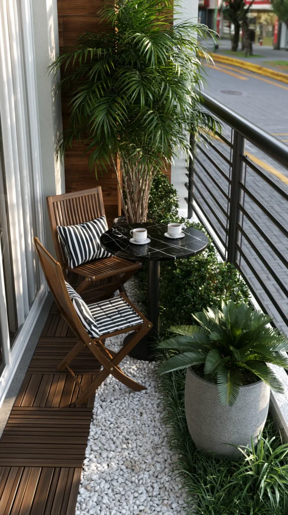 Compact urban balcony with wooden chairs, small black table set with coffee cups, lush green potted plants, white gravel ground, and metal railing overlooking street