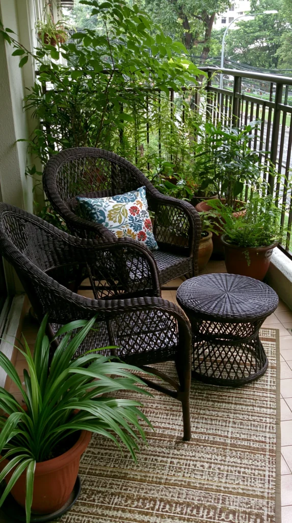 Black wicker chairs and side table on a balcony surrounded by lush green plants in terracotta pots, with a colorful pillow and city trees visible beyond the railing