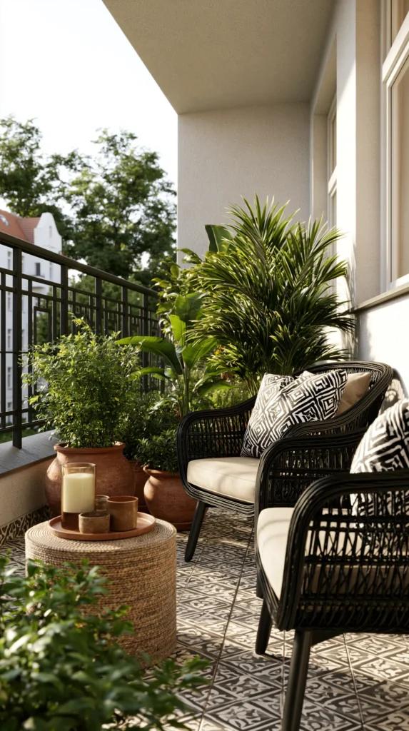 Modern balcony with black wicker chairs, potted palm and greenery on geometric patterned floor, overlooking trees