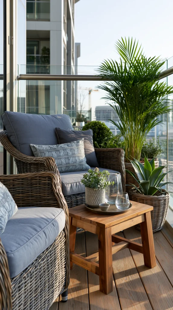 Cozy balcony seating area with wicker chairs, blue cushions, and potted plants including a tall palm and greenery on a wooden table overlooking city buildings