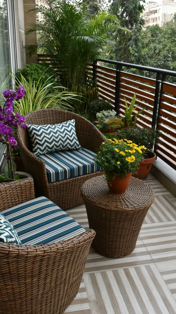 Cozy balcony seating area with wicker chairs, striped cushions, and potted flowers including purple petunias and yellow chrysanthemums beside a wooden railing