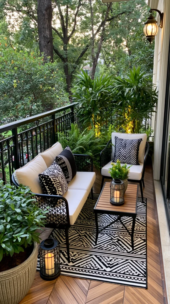 Cozy balcony seating area with black metal chairs, cream cushions, geometric patterned rug, potted plants including tall green foliage, wooden side table, and lantern lighting overlooking tree canopy