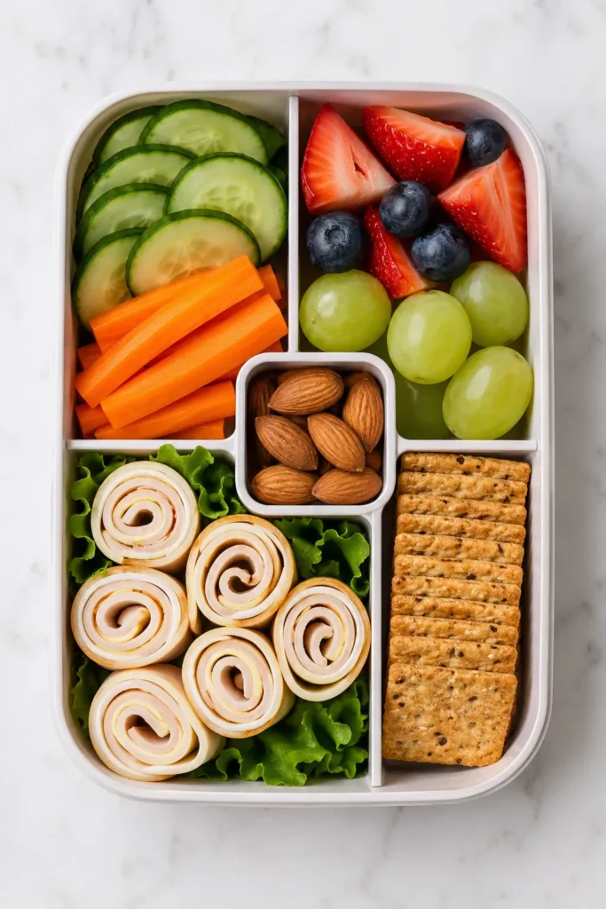 Compartmentalized bento box with sliced cucumbers, carrots, turkey roll-ups, whole grain crackers, almonds, green grapes, strawberries, and blueberries on marble background
