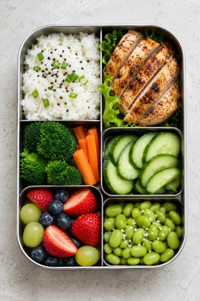 Metal bento box with white rice topped with sesame seeds, sliced grilled chicken breast, steamed broccoli, sliced cucumber, mixed berries, and edamame on marble surface