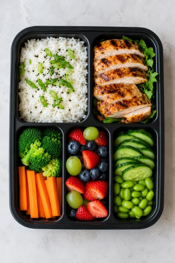 Black bento box containing white rice with green onions, sliced grilled chicken breast, steamed broccoli, sliced carrots, mixed berries with grapes, and sliced cucumber with edamame