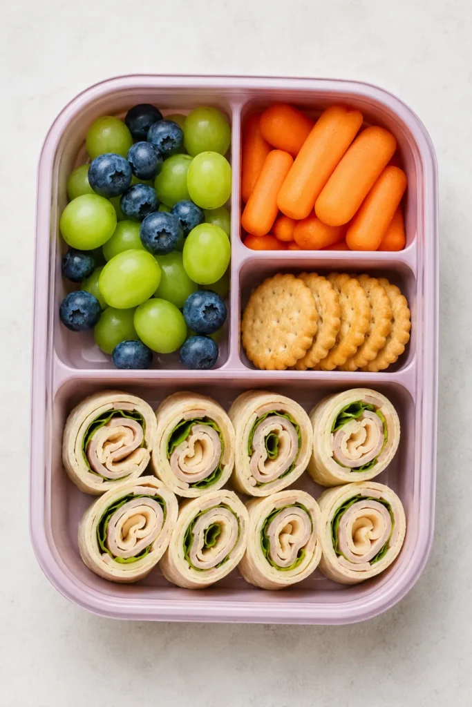 Pink bento box with green and blueberries, orange baby carrots, whole grain crackers, and turkey and spinach pinwheel wraps