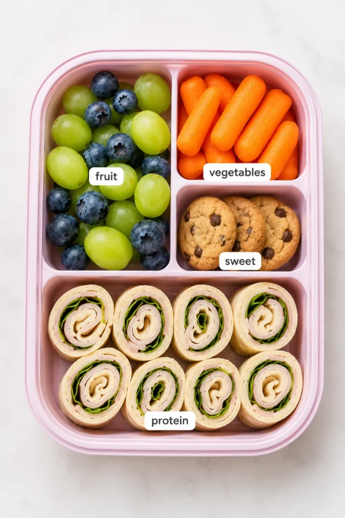 Pink bento box filled with green and blue grapes, carrot sticks, chocolate chip cookies, and turkey pinwheels with spinach