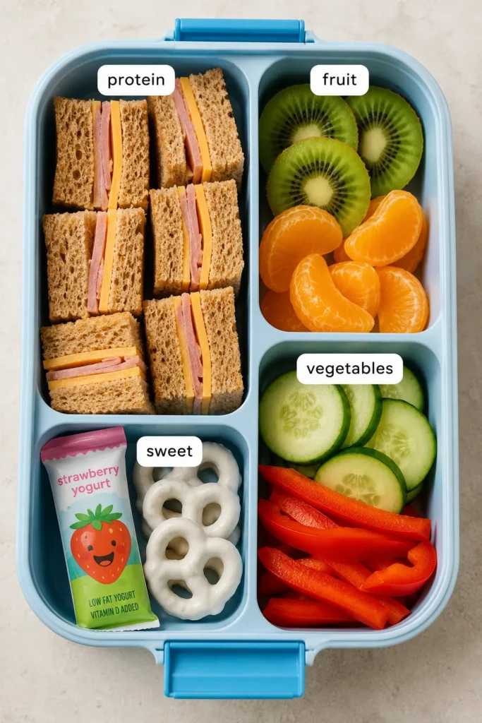 Blue bento box with ham and cheese sandwiches, kiwi slices, mandarin oranges, cucumber and bell pepper strips, pretzel crisps, and strawberry yogurt