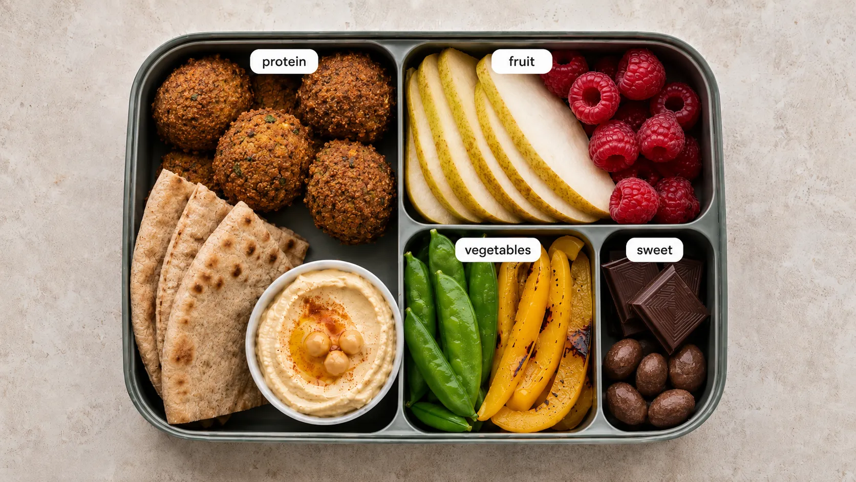 Labeled bento box with falafel and crackers, pear slices and raspberries, snap peas and yellow peppers, and dark chocolate with nuts