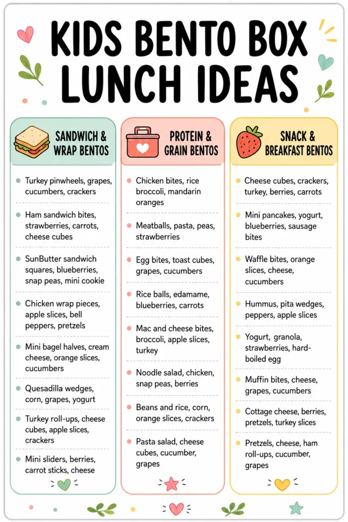 Colorful infographic with three columns showing kids bento box lunch ideas organized by category: sandwich and wrap bentos in teal, protein and grain bentos in pink, and snack and breakfast bentos in yellow, each listing multiple specific food combination examples