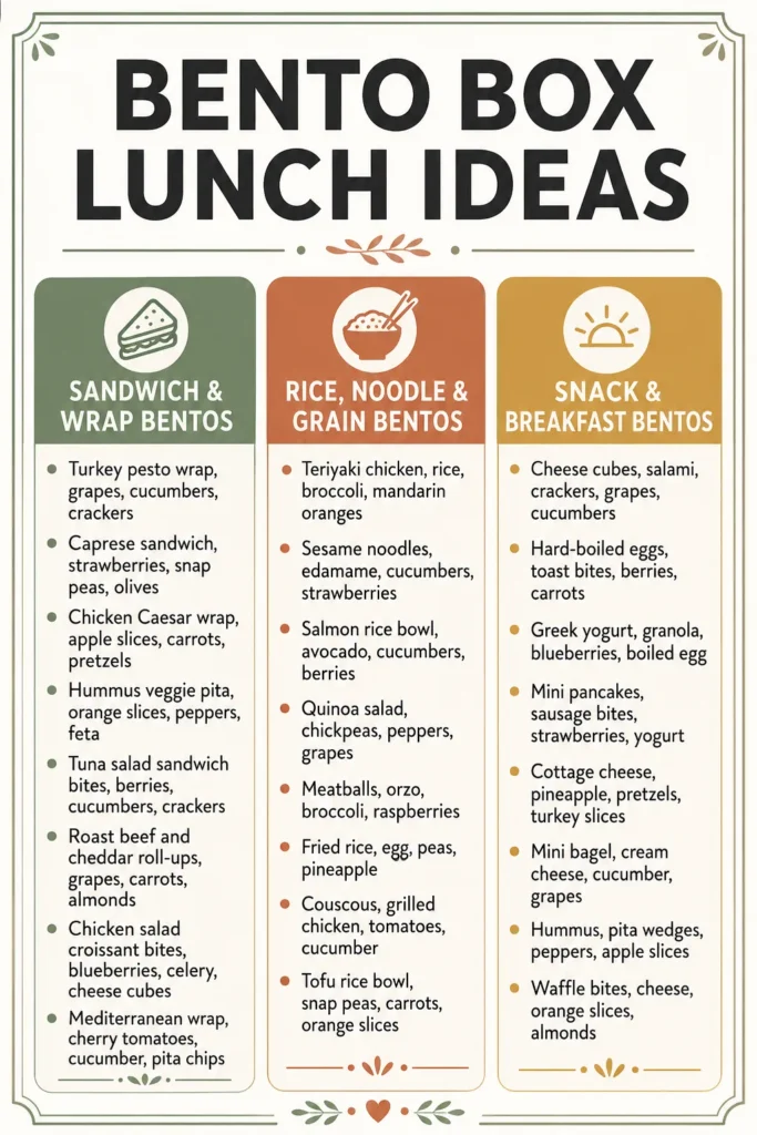 Three-column guide showing bento box lunch ideas with sandwich wraps, rice and noodle dishes, and snack options in green, rust, and gold sections