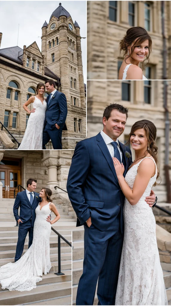 courthouse wedding, couple outside on the courthouse stairs