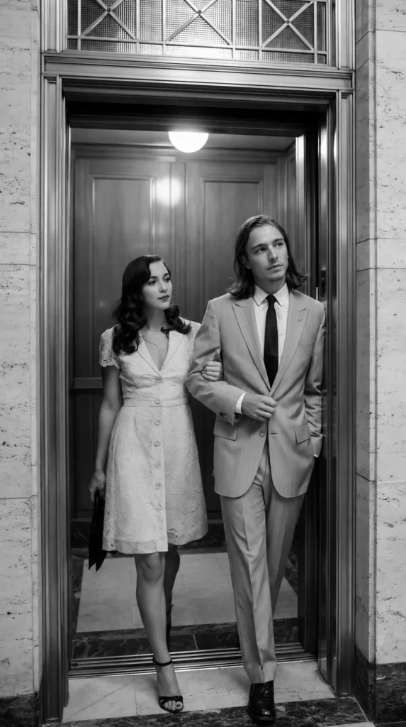 black and white vintage courthouse wedding photo, young couple, trendy, walking out of the courthouse elevator