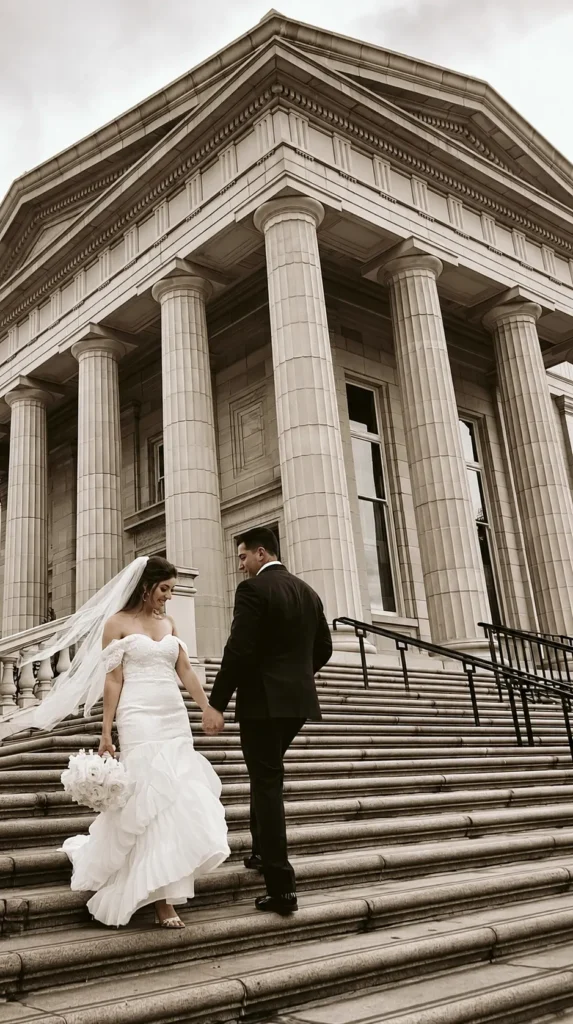 bride and groom on the courthouse stairs