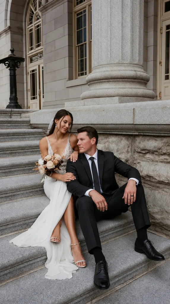 bride and groom sitting on the courthouse stairs