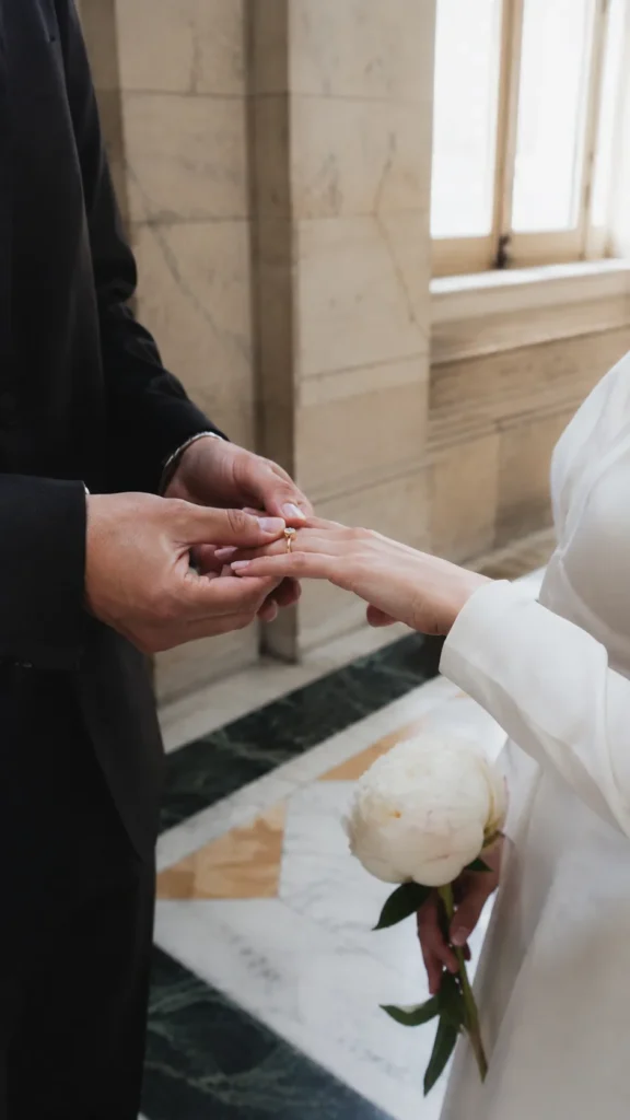 Close-up of couple's hands exchanging rings in marble courthouse hallway, single peony bouquet held at side, soft window light streaming in, intimate documentary wedding photography, emotional candid moment