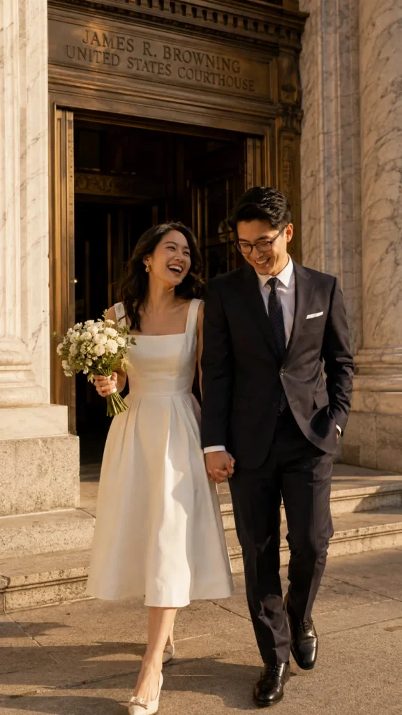 Joyful bride and groom exiting grand courthouse doors, tea-length white dress, small bouquet, marble columns, golden hour sunlight, candid laughter, single image