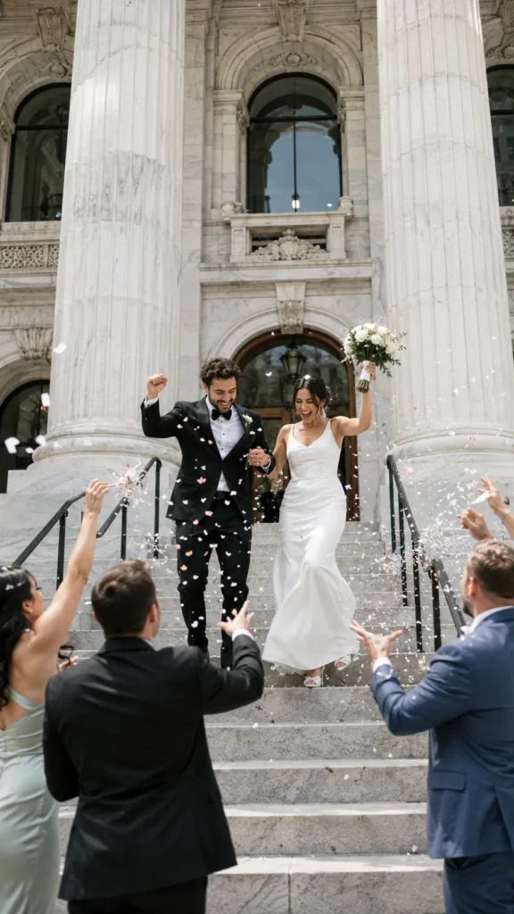 ride and groom on grand marble courthouse staircase, confetti toss from small group of friends below, dramatic columns and arched windows, joyful mid-air moment, bright natural light, photojournalistic wedding photography