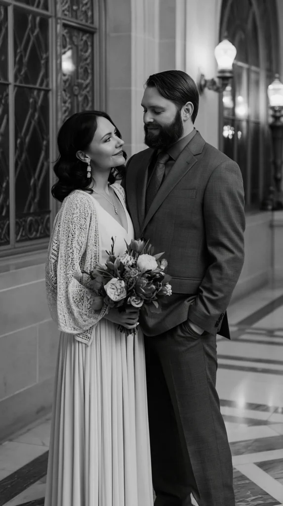 black and white vintage courthouse wedding photo