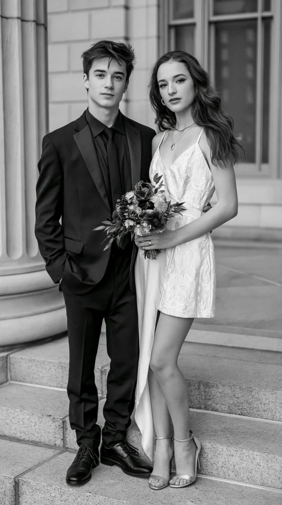black and white vintage courthouse wedding photo, young couple, trendy