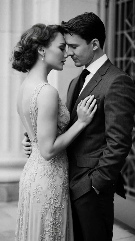 black and white vintage courthouse wedding photo, young couple, trendy
