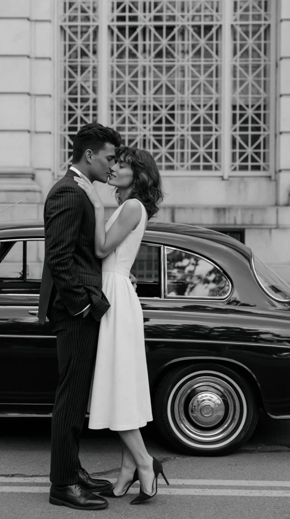 man and woman outside kissing by an old fashioned car