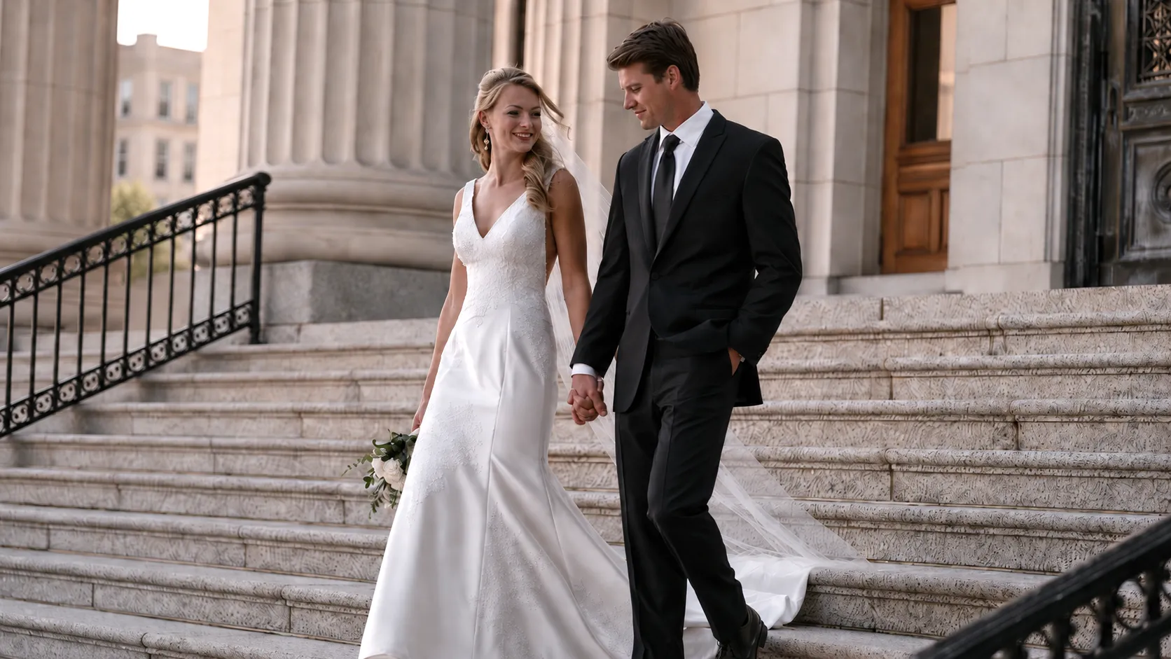 courthouse steps, bride and groom walking down them