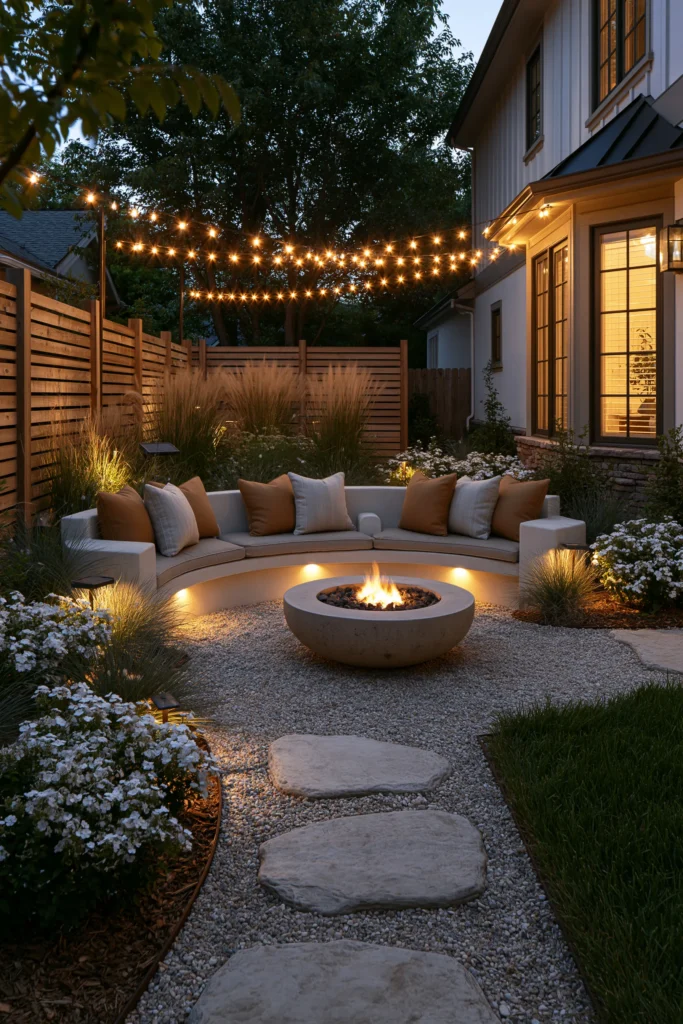 Modern backyard patio at dusk with curved seating, central fire pit, string lights overhead, and white flowering plants surrounding gravel landscaping