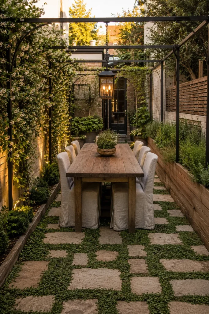 Intimate courtyard with wooden dining table, cream linen chairs, ivy-covered pergola, and paver patio with creeping groundcover at dusk