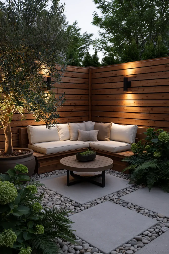 Modern backyard patio with wooden corner sectional, cream cushions, and warm uplighting on horizontal wooden fence; surrounded by potted olive tree, ferns, and pebble landscaping
