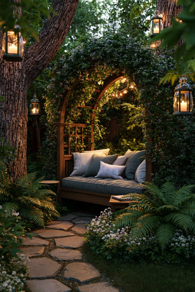 Intimate garden nook with wooden arbor draped in ivy, cushioned daybed, hanging lanterns, ferns, and white flowers along stone pathway at dusk