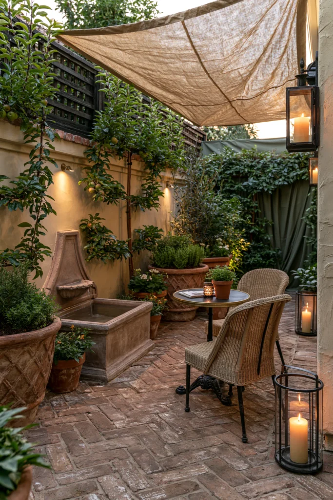 Intimate courtyard with woven chairs around small table, beige canvas shade, terracotta planters with green climbing ivy, warm lantern lighting, and stone patio