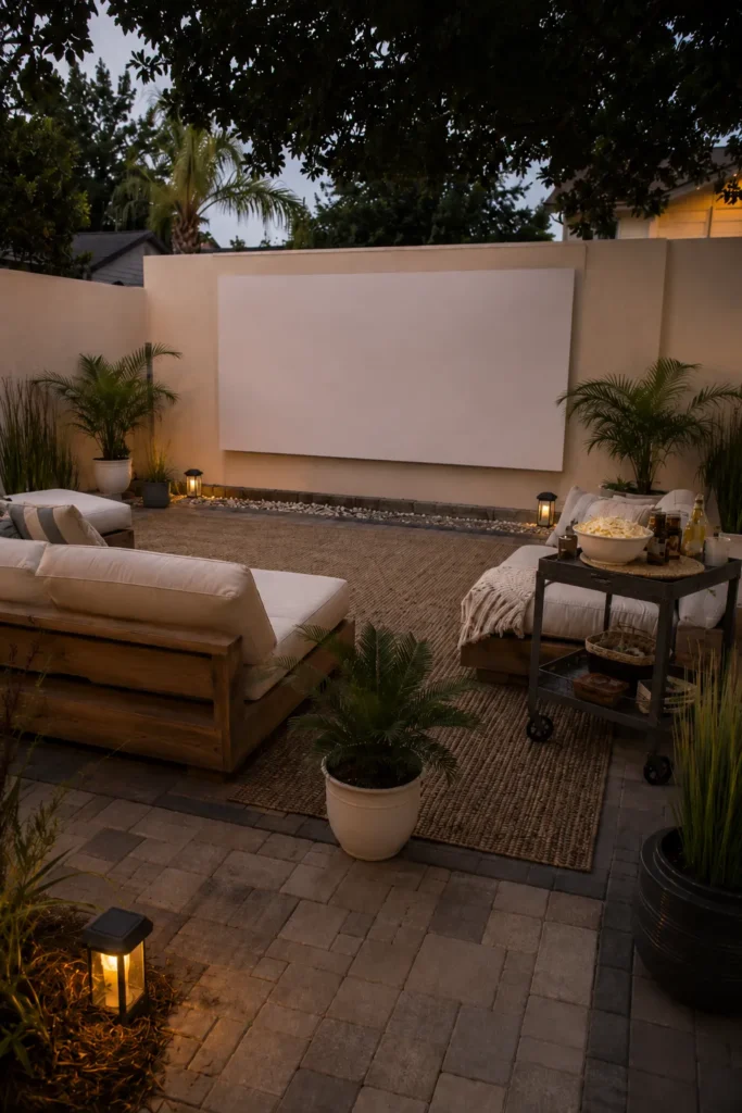 Backyard lounge area at dusk with cream-colored sectional sofa, potted palm plants, lanterns, and blank projection screen on beige wall