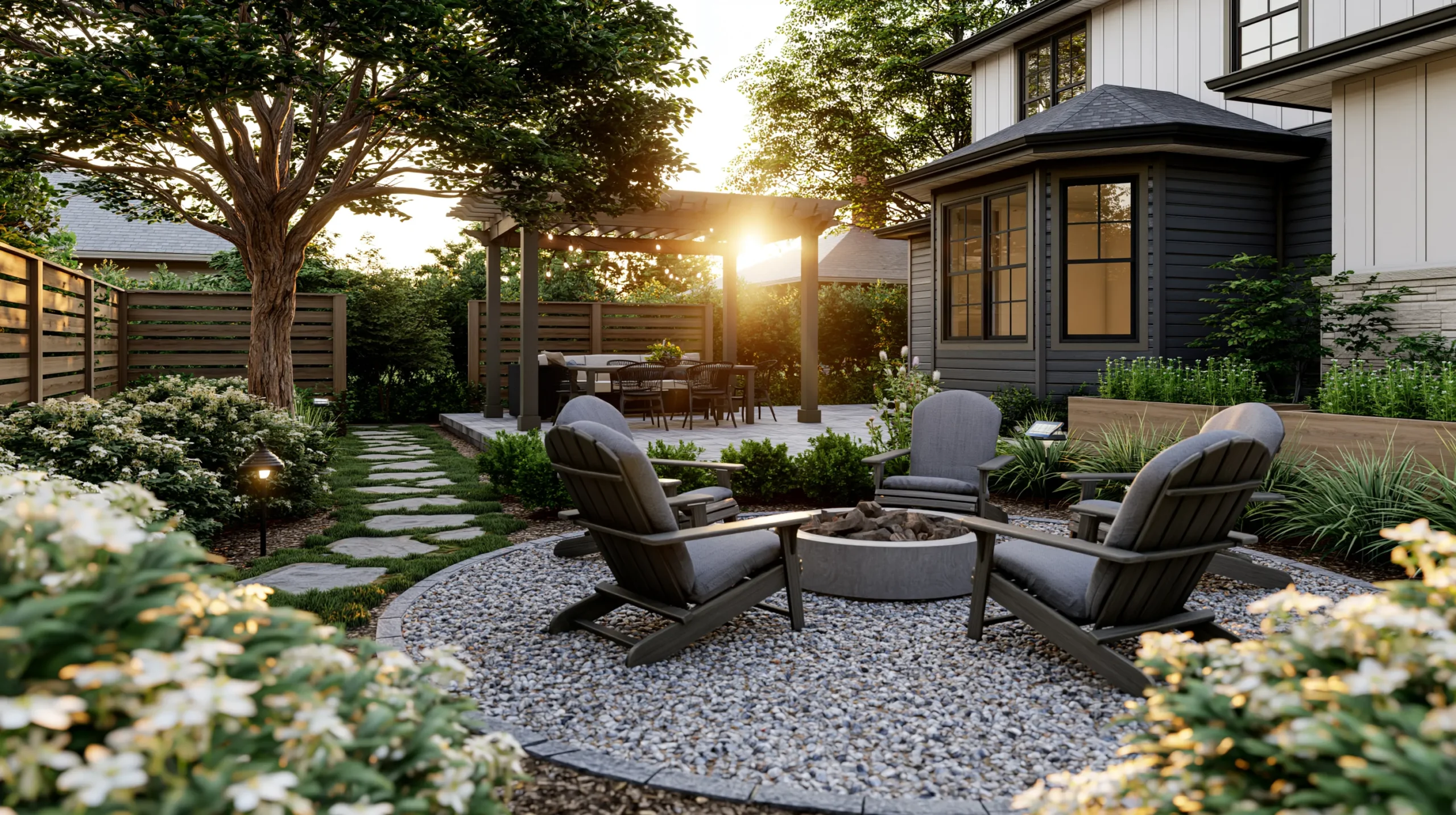 Modern backyard patio with two gray chairs circling a fire pit on gravel, surrounded by lush plants and a large tree at sunset