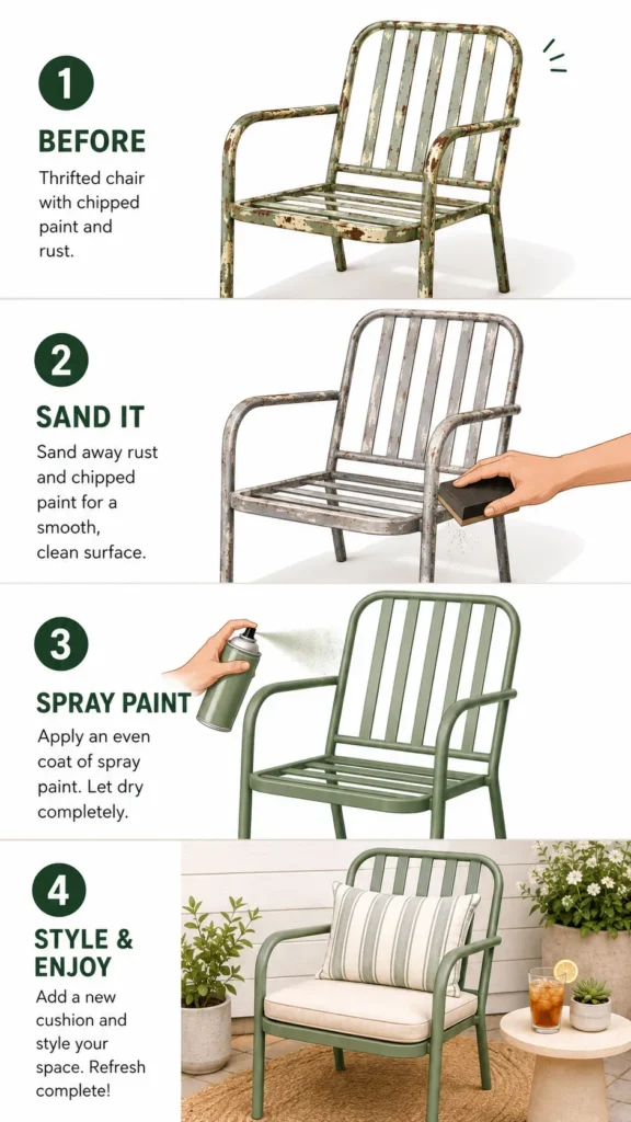 Four-panel instructional illustration showing DIY chair refresh steps: panel 1, a worn thrifted metal chair frame with old paint; panel 2, sanding down the rusty or chipped areas; panel 3, spray painting the frame a fresh solid color; panel 4, finished chair with new woven webbing or a seat cushion added, styled on a patio.