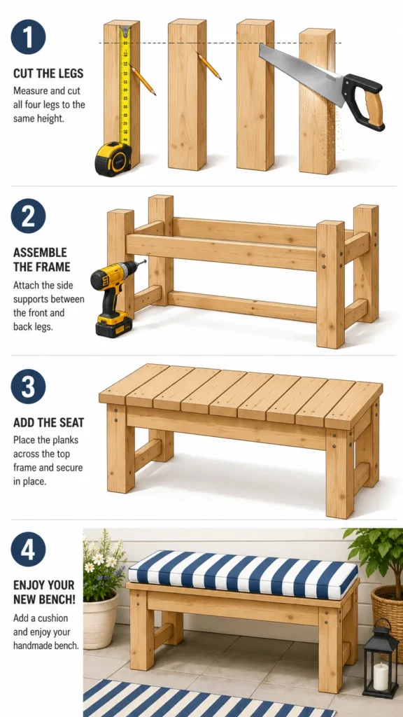 Four-panel instructional diagram showing DIY bench building steps: panel 1, four wood legs being measured and cut to matching height; panel 2, attaching side supports between front and back legs with a drill; panel 3, laying wood planks across the top frame; panel 4, finished bench with striped outdoor cushion on a patio. Flat illustrated style, warm wood tones, numbered labels, soft shadows, clean white background